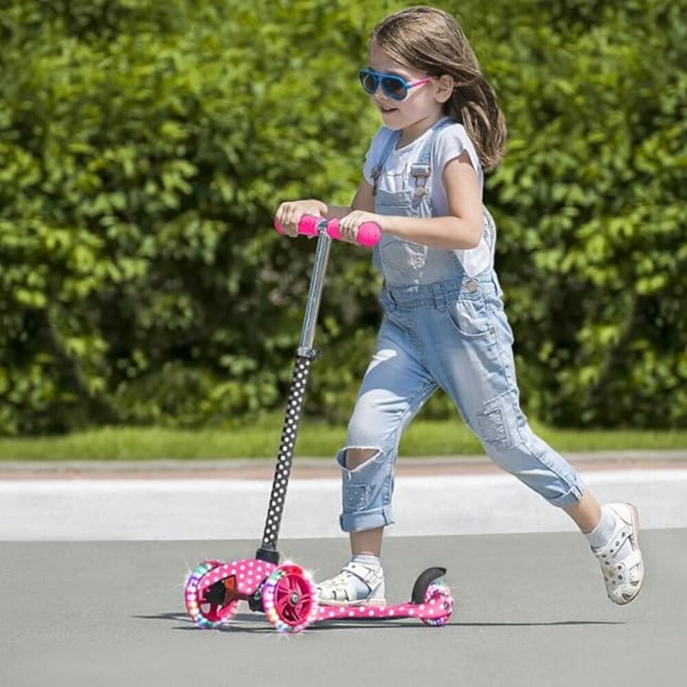 Rugged Racer Mini Deluxe 3-Wheel Scooter with LED Lights and Pink Polka Dot